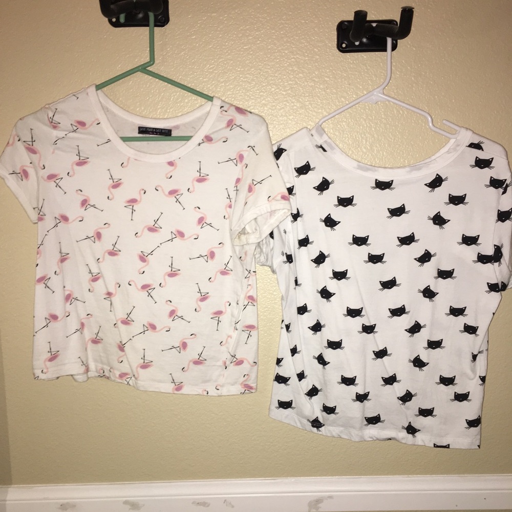 Adorable flamingo and cat print tee shirt